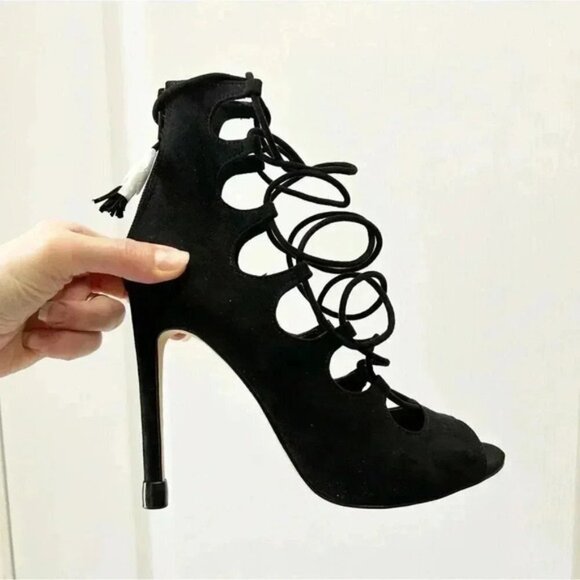 Aldo Sergioa Lace Up Stiletto Heels Peep Toe Black Micro Suede Size 7.5 - Picture 16 of 16